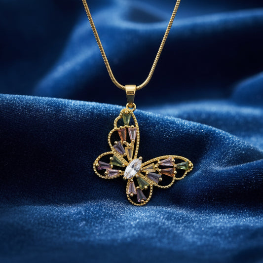 Tricolor Zirconia Butterfly Necklace