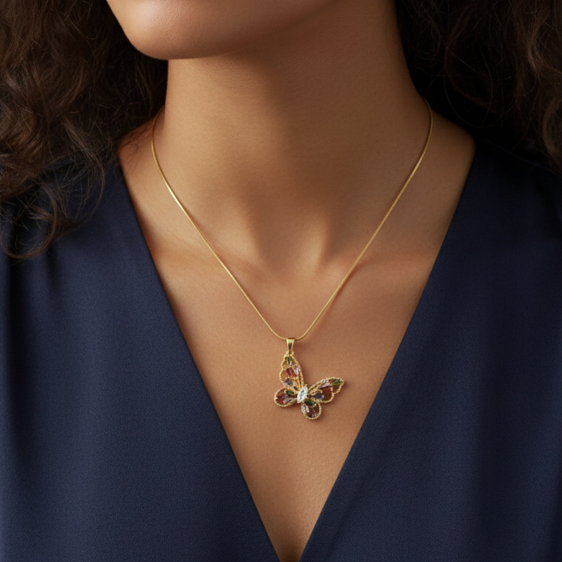 Tricolor Zirconia Butterfly Necklace