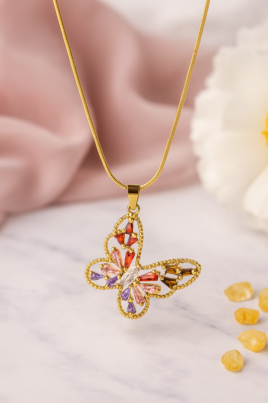 Tricolor Zirconia Butterfly Necklace